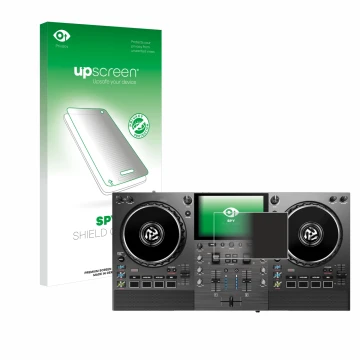 Front side of a product packaging with the brand logo upscreen. Next to it is the device Numark Mixstream Pro Go shown with th
