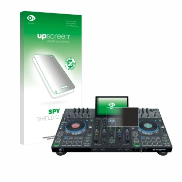 Front side of a product packaging with the brand logo upscreen. Next to it is the device Denon DJ Prime 4+ shown with the corr