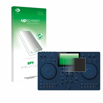 Front side of a product packaging with the brand logo upscreen. Next to it is the device AlphaTheta OMNIS-Duo shown with the c