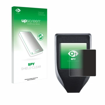 Front side of a product packaging with the brand logo upscreen. Next to it is the device Trezor Model T shown with the corresp