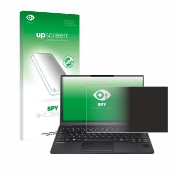Front side of a product packaging with the brand logo upscreen. Next to it is the device Fujitsu Lifebook U9312 shown with the