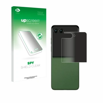 Front side of a product packaging with the brand logo upscreen. Next to it is the device Motorola Razr 50 Ultra (Back display)