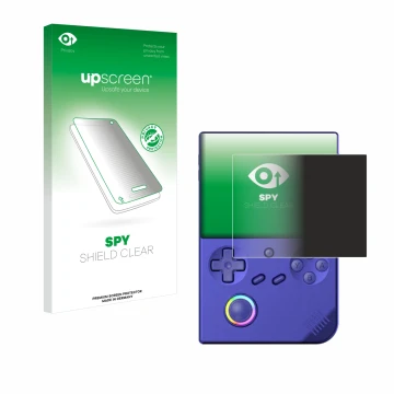 Front side of a product packaging with the brand logo upscreen. Next to it is the device Anbernic RG40XXV shown with the corre