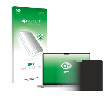 Front side of a product packaging with the brand logo upscreen. Next to it is the device Apple MacBook Pro 14