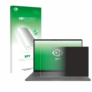 Front side of a product packaging with the brand logo upscreen. Next to it is the device ASUS ZenBook A14 UX3407 shown with th