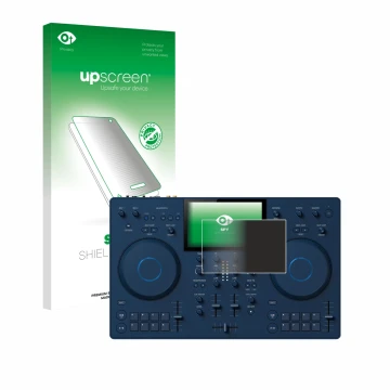Front side of a product packaging with the brand logo upscreen. Next to it is the device AlphaTheta OMNIS-Duo (Jog) shown with