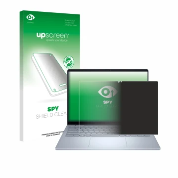 Front side of a product packaging with the brand logo upscreen. Next to it is the device Dell 14 Plus 2-in-1 shown with the co