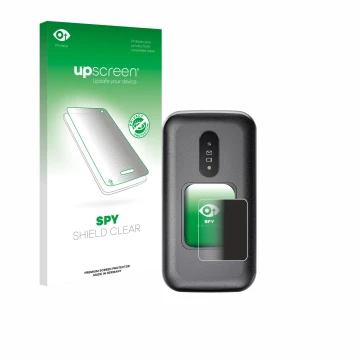 Front side of a product packaging with the brand logo upscreen. Next to it is the device Doro 2880 (Outer display) shown with 