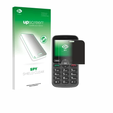 Front side of a product packaging with the brand logo upscreen. Next to it is the device Doro 1380 shown with the correspondin