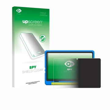 Front side of a product packaging with the brand logo upscreen. Next to it is the device Happybe Kids Tablet 10
