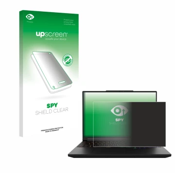 Front side of a product packaging with the brand logo upscreen. Next to it is the device XMG Pro 16 shown with the correspondi