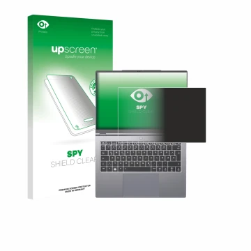 Front side of a product packaging with the brand logo upscreen. Next to it is the device Tuxedo InfinityBook Pro 14 Gen 10 sho