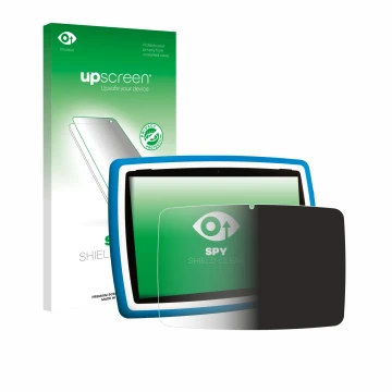 Front side of a product packaging with the brand logo upscreen. Next to it is the device Lisciani Mio Tab 10 Tutor XL shown wi