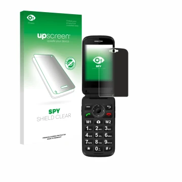 Front side of a product packaging with the brand logo upscreen. Next to it is the device Simvalley Mobile XL-970 shown with th
