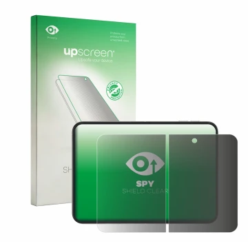 Front side of a product packaging with the brand logo upscreen. Next to it is the device Apple iPhone Duo (Inner display) show