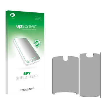 Front side of a product packaging with the brand logo upscreen. Next to it is the corresponding screen protector.
