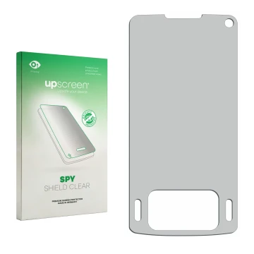 Front side of a product packaging with the brand logo upscreen. Next to it is the corresponding screen protector.