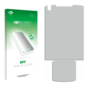 Front side of a product packaging with the brand logo upscreen. Next to it is the corresponding screen protector.