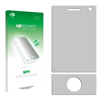 Front side of a product packaging with the brand logo upscreen. Next to it is the corresponding screen protector.