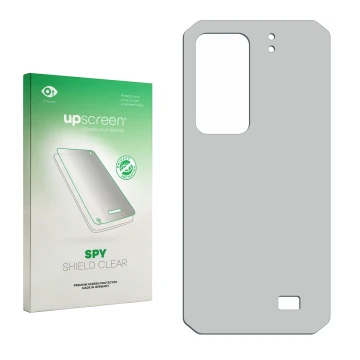 Front side of a product packaging with the brand logo upscreen. Next to it is the corresponding screen protector.