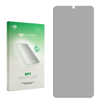 Front side of a product packaging with the brand logo upscreen. Next to it is the corresponding screen protector.
