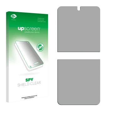 Front side of a product packaging with the brand logo upscreen. Next to it is the corresponding screen protector.
