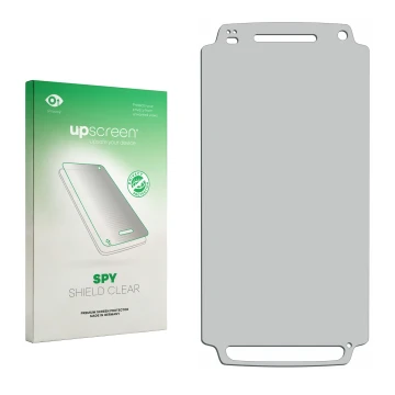 Front side of a product packaging with the brand logo upscreen. Next to it is the corresponding screen protector.