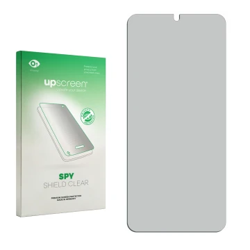 Front side of a product packaging with the brand logo upscreen. Next to it is the corresponding screen protector.