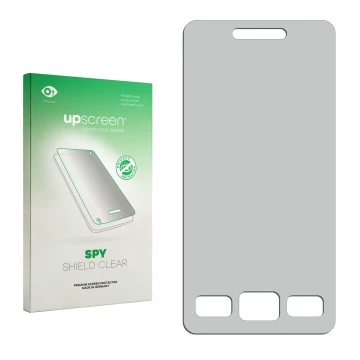 Front side of a product packaging with the brand logo upscreen. Next to it is the corresponding screen protector.