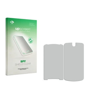Front side of a product packaging with the brand logo upscreen. Next to it is the corresponding screen protector.