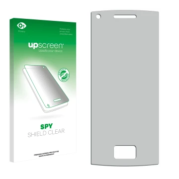 Front side of a product packaging with the brand logo upscreen. Next to it is the corresponding screen protector.