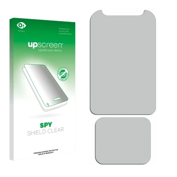 Front side of a product packaging with the brand logo upscreen. Next to it is the corresponding screen protector.
