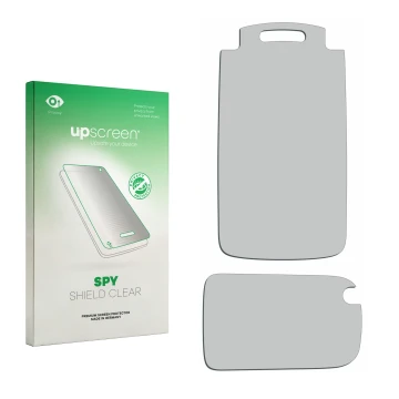 Front side of a product packaging with the brand logo upscreen. Next to it is the corresponding screen protector.