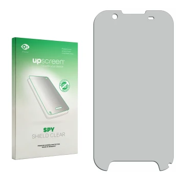 Front side of a product packaging with the brand logo upscreen. Next to it is the corresponding screen protector.
