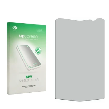 Front side of a product packaging with the brand logo upscreen. Next to it is the corresponding screen protector.