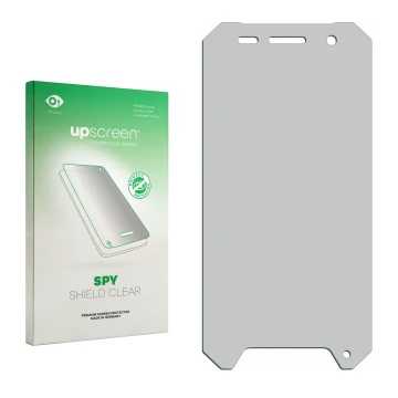 Front side of a product packaging with the brand logo upscreen. Next to it is the corresponding screen protector.