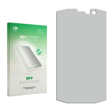Front side of a product packaging with the brand logo upscreen. Next to it is the corresponding screen protector.