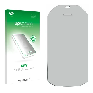 Front side of a product packaging with the brand logo upscreen. Next to it is the corresponding screen protector.