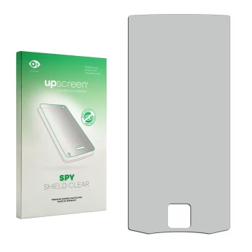 Front side of a product packaging with the brand logo upscreen. Next to it is the corresponding screen protector.