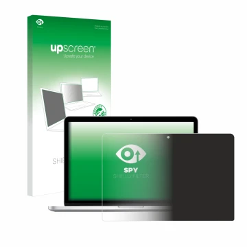 Front side of a product packaging with the brand logo upscreen. Next to it is the device Apple MacBook Retina Pro 13