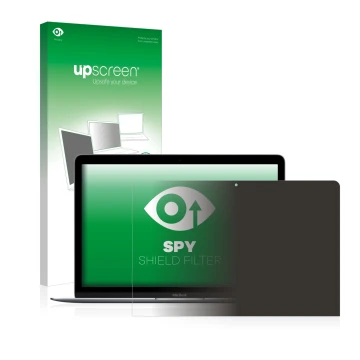 Front side of a product packaging with the brand logo upscreen. Next to it is the device Apple MacBook Retina 12