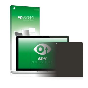 Front side of a product packaging with the brand logo upscreen. Next to it is the device Apple MacBook Pro Retina 13