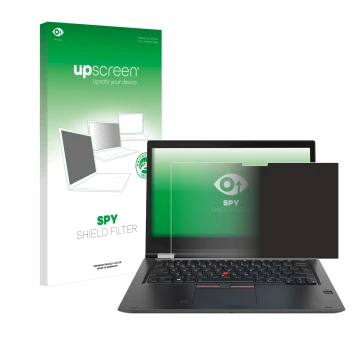 Front side of a product packaging with the brand logo upscreen. Next to it is the device Lenovo ThinkPad Yoga X380 shown with 