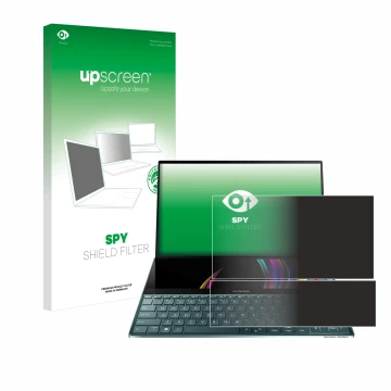 Front side of a product packaging with the brand logo upscreen. Next to it is the device ASUS ZenBook Duo UX481FL shown with t