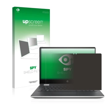 Front side of a product packaging with the brand logo upscreen. Next to it is the device HP Pavilion x360 (14-dhX) shown with 