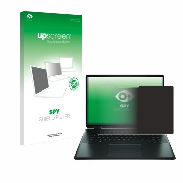 Front side of a product packaging with the brand logo upscreen. Next to it is the device HP Spectre x360 16