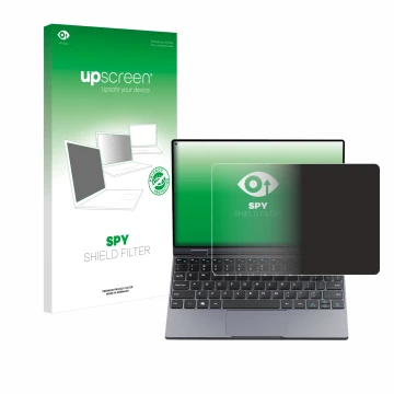Front side of a product packaging with the brand logo upscreen. Next to it is the device Chuwi MiniBook X shown with the corre