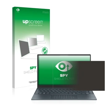 Front side of a product packaging with the brand logo upscreen. Next to it is the device ASUS ZenBook 13 OLED shown with the c