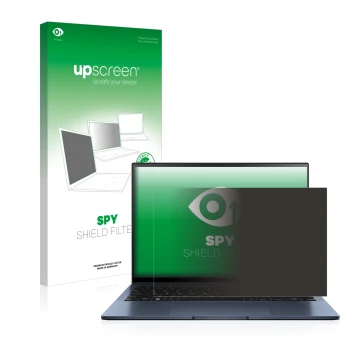 Front side of a product packaging with the brand logo upscreen. Next to it is the device ASUS ZenBook S13 OLED shown with the 