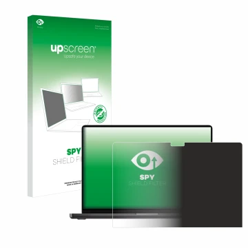 Front side of a product packaging with the brand logo upscreen. Next to it is the device Apple MacBook Pro 16